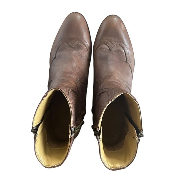 Bussola Brown Leather Short Booties Sz 41 Western Stitching Block Heel Cowboy - Picture 4 of 7